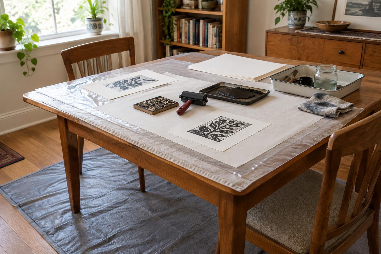 Protecting Tables and Floors in a Temporary Home Printmaking Workspace