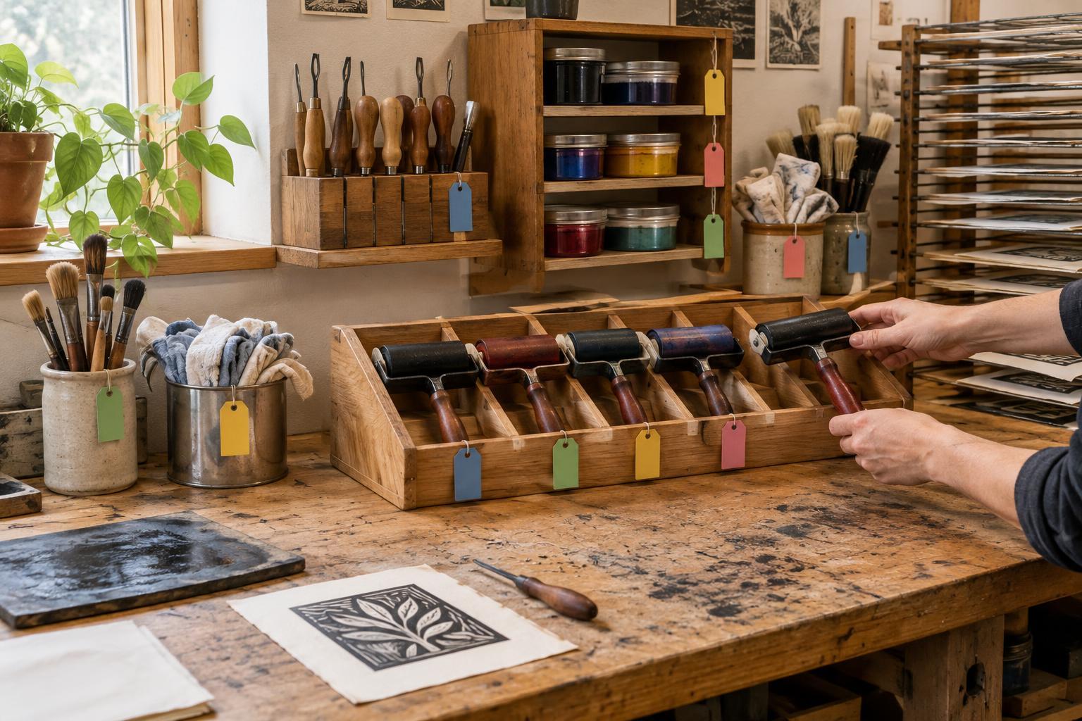 Organizing and Labeling Printmaking Tools in a Shared Studio